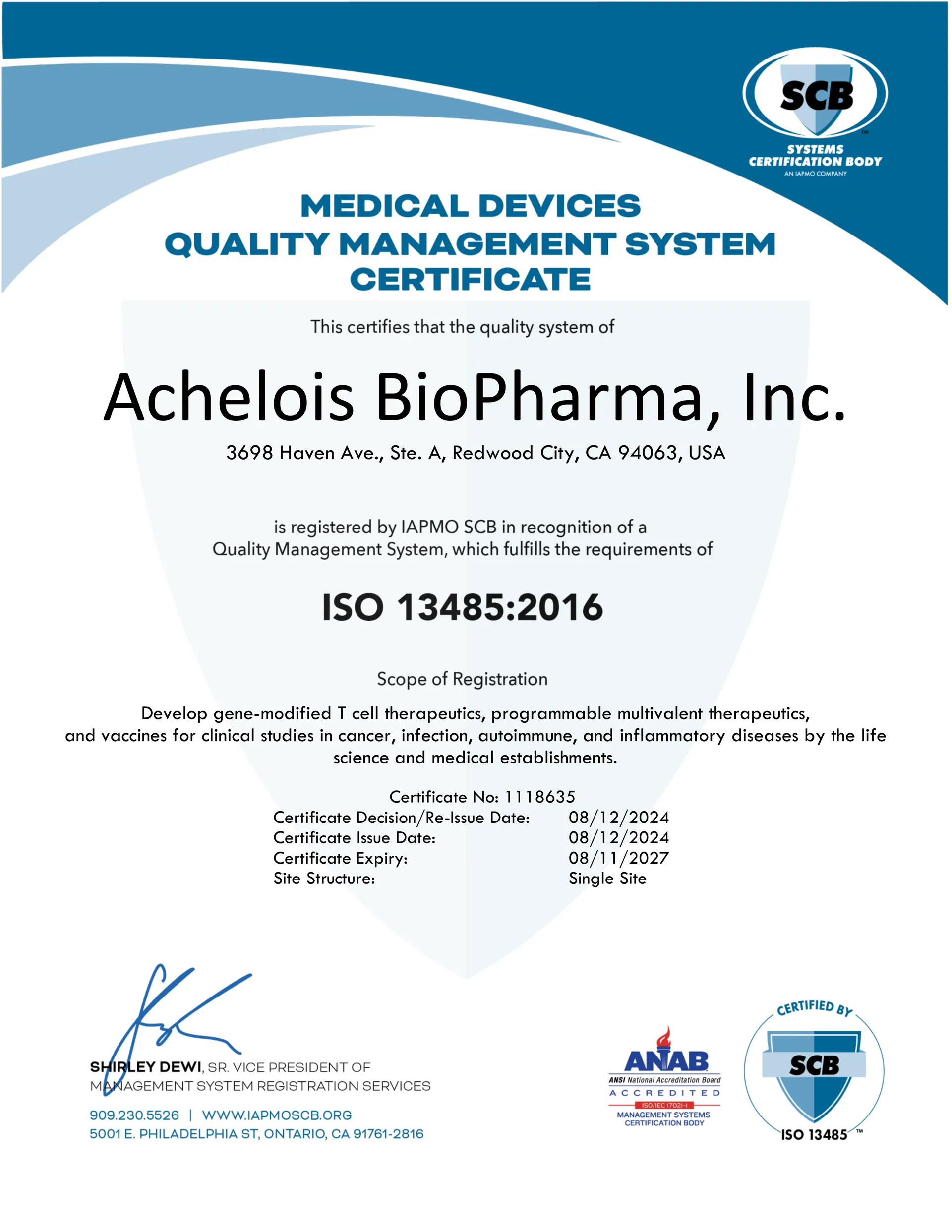 ISO 13485:2016 Certificate